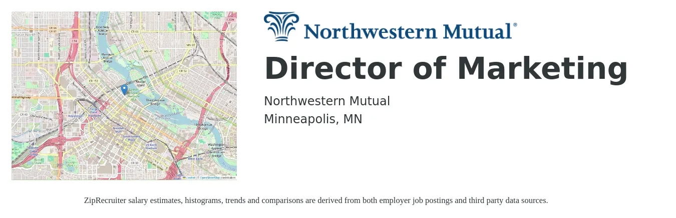Northwestern Mutual job posting for a Director of Marketing in Minneapolis, MN with a salary of $74,600 to $137,300 Yearly with a map of Minneapolis location.