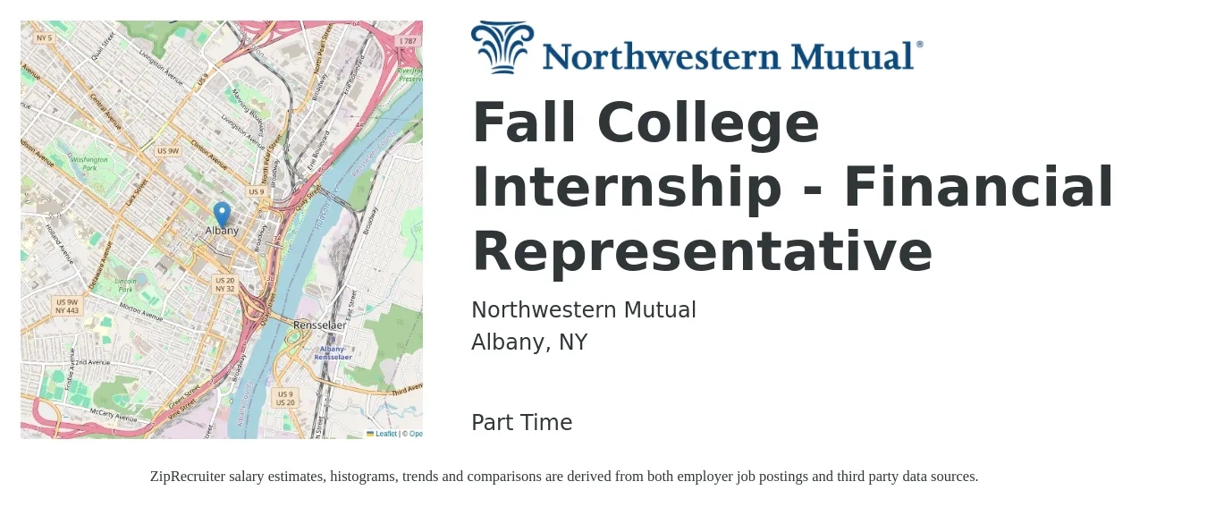 Northwestern Mutual job posting for a Fall College Internship - Financial Representative in Albany, NY with a salary of $18 to $30 Hourly with a map of Albany location.