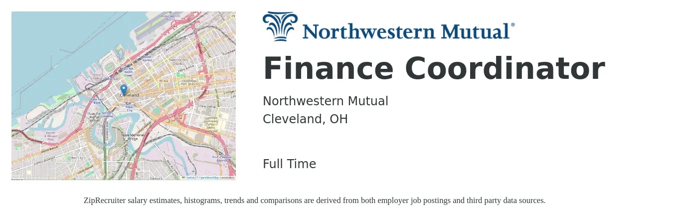 Northwestern Mutual job posting for a Finance Coordinator in Cleveland, OH with a salary of $20 to $31 Hourly with a map of Cleveland location.