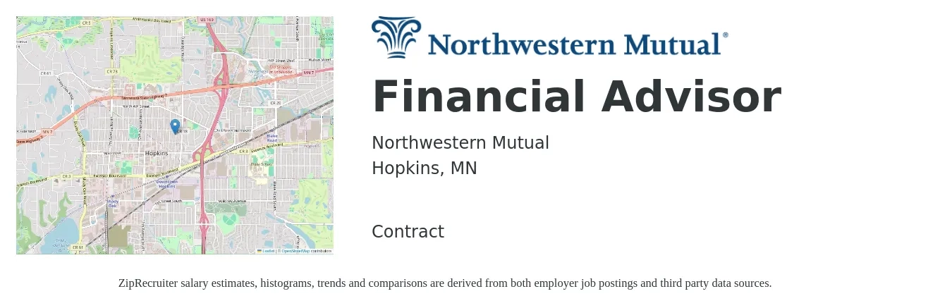 Northwestern Mutual job posting for a Financial Advisor in Hopkins, MN with a salary of $334,000 to $490,000 Yearly with a map of Hopkins location.