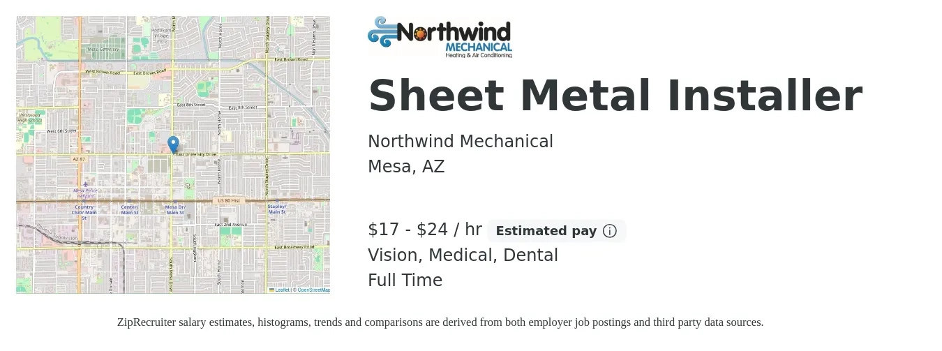 Northwind Mechanical job posting for a Sheet Metal Installer in Mesa, AZ with a salary of $18 to $25 Hourly and benefits including dental, life_insurance, medical, retirement, and vision with a map of Mesa location.