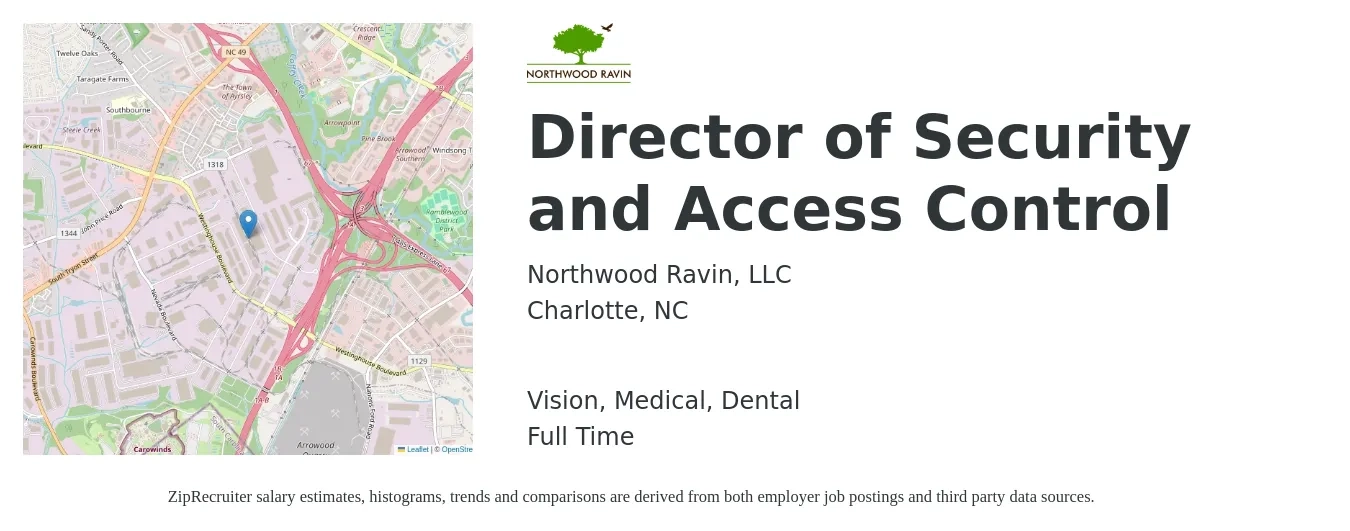 Northwood Ravin, LLC job posting for a Director of Security and Access Control in Charlotte, NC with a salary of $83,000 to $114,800 Yearly and benefits including retirement, vision, dental, life_insurance, medical, and pto with a map of Charlotte location.