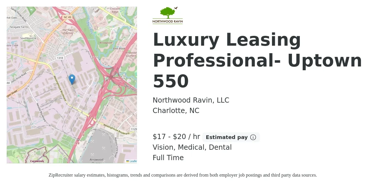 Northwood Ravin, LLC job posting for a Luxury Leasing Professional- Uptown 550 in Charlotte, NC with a salary of $18 to $21 Hourly (plus commission) and benefits including retirement, vision, dental, life_insurance, medical, and pto with a map of Charlotte location.