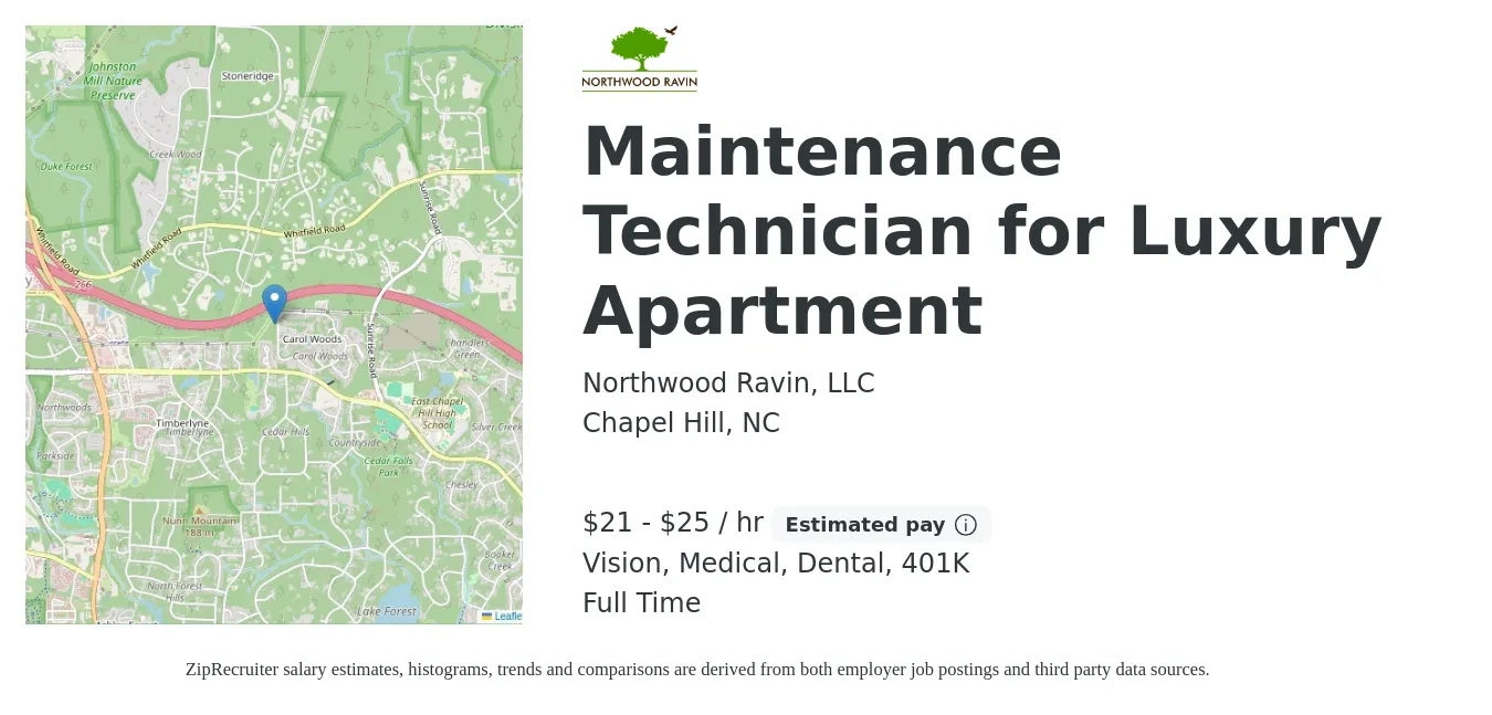Northwood Ravin, LLC job posting for a Maintenance Technician for Luxury Apartment in Chapel Hill, NC with a salary of $22 to $26 Hourly and benefits including vision, 401k, dental, life_insurance, and medical with a map of Chapel Hill location.