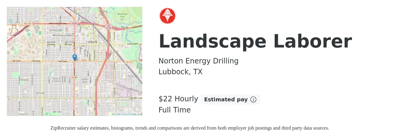 Norton Energy Drilling job posting for a Landscape Laborer in Lubbock, TX with a salary of $23 Hourly with a map of Lubbock location.