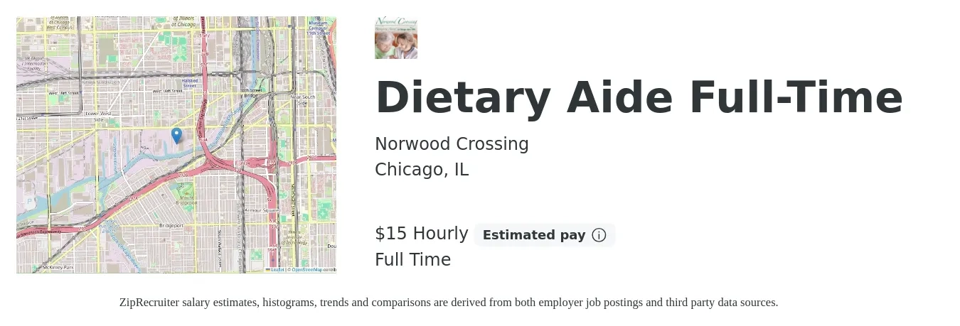 Norwood Crossing job posting for a Dietary Aide Full-Time in Chicago, IL with a salary of $14 to $18 Hourly with a map of Chicago location.
