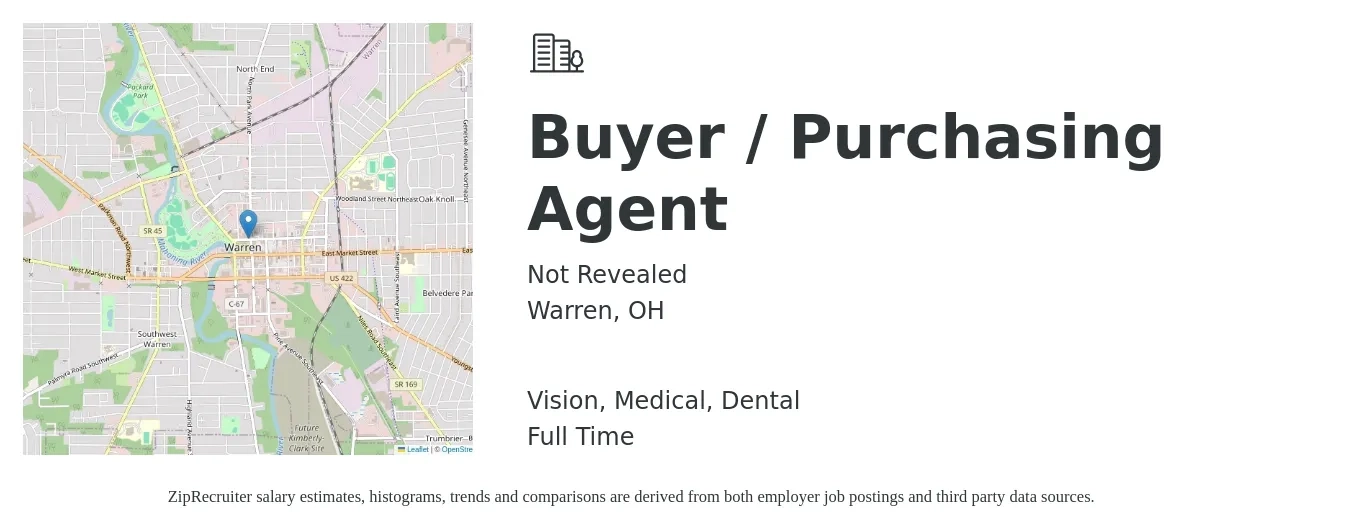 Not Revealed job posting for a Buyer / Purchasing Agent in Warren, OH with a salary of $37,000 to $51,600 Yearly and benefits including dental, life_insurance, medical, retirement, and vision with a map of Warren location.
