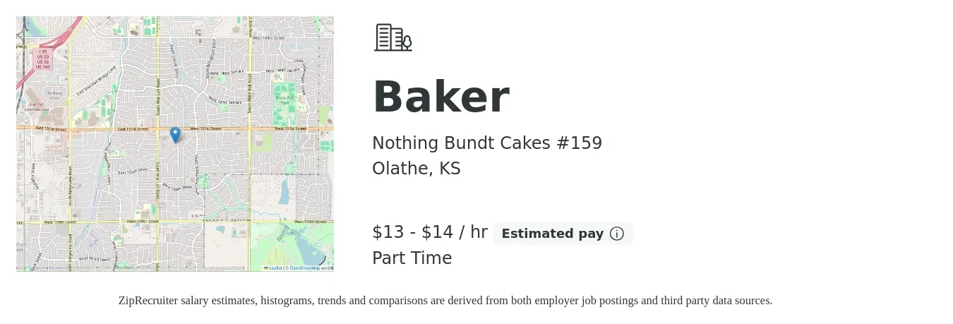 Nothing Bundt Cakes #159 job posting for a Baker in Olathe, KS with a salary of $14 to $15 Hourly with a map of Olathe location.