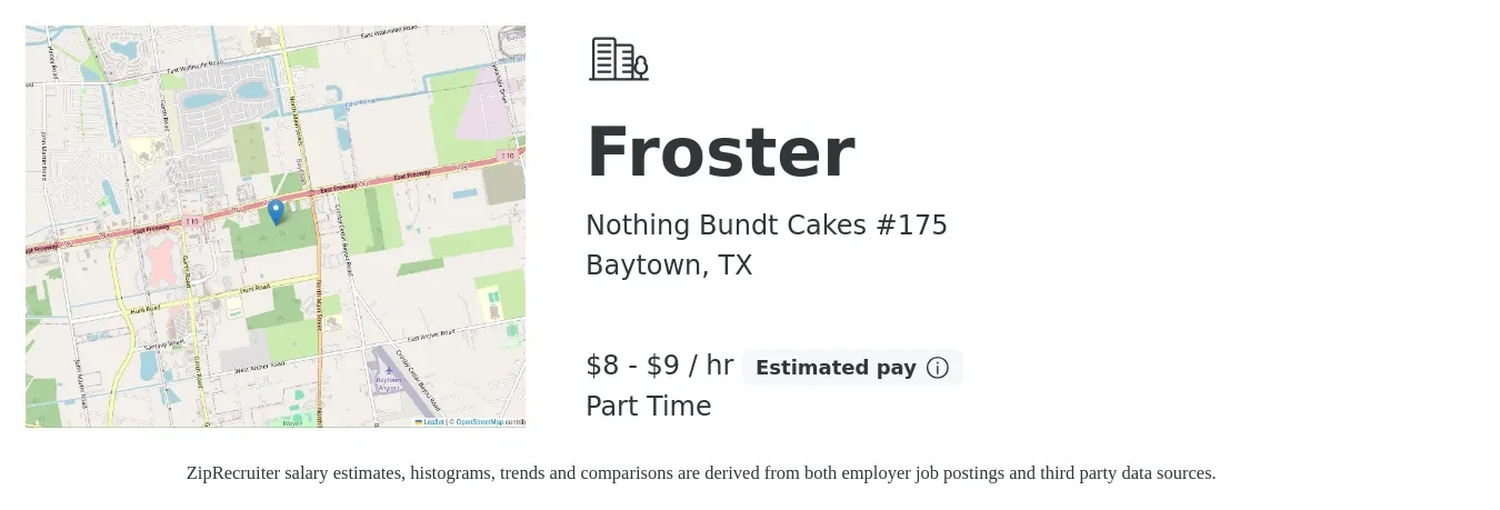 Nothing Bundt Cakes #175 job posting for a Froster in Baytown, TX with a salary of $9 to $10 Hourly with a map of Baytown location.