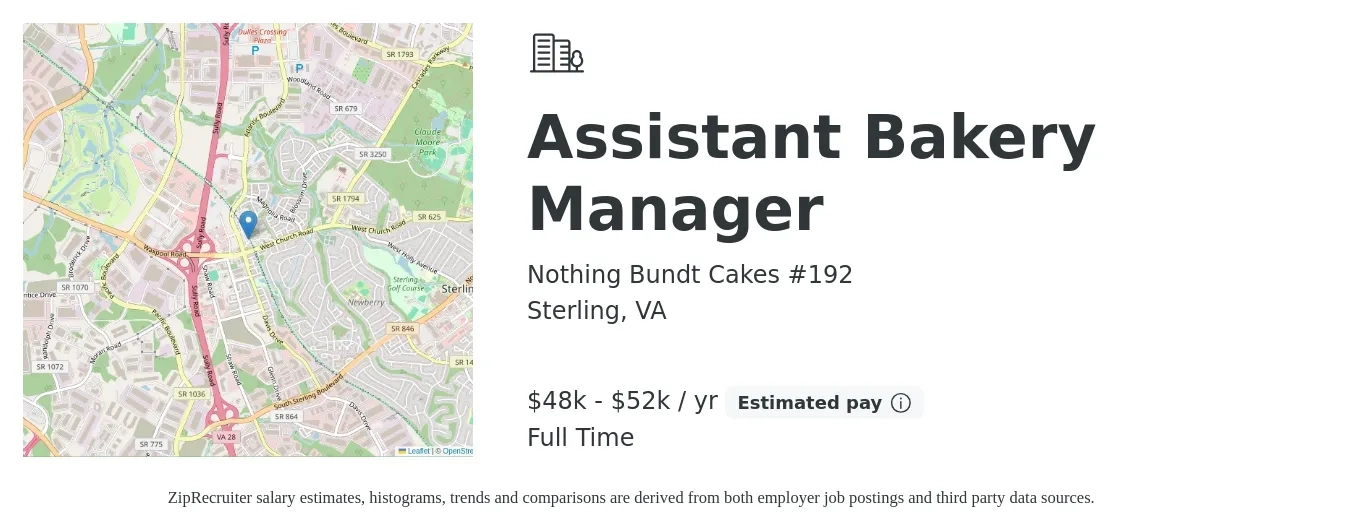 Nothing Bundt Cakes #192 job posting for a Assistant Bakery Manager in Sterling, VA with a salary of $48,000 to $52,000 Yearly with a map of Sterling location.