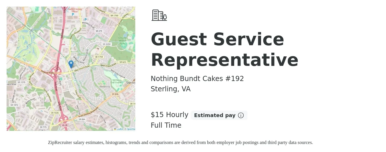 Nothing Bundt Cakes #192 job posting for a Guest Service Representative in Sterling, VA with a salary of $14 Hourly with a map of Sterling location.
