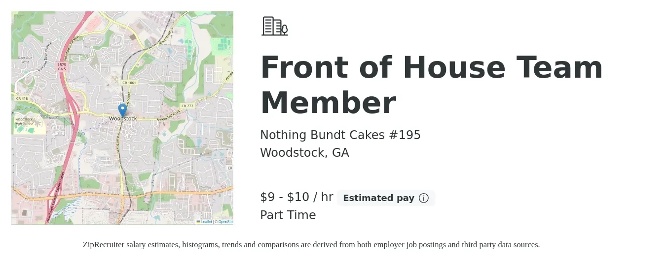 Nothing Bundt Cakes #195 job posting for a Front of House Team Member in Woodstock, GA with a salary of $10 to $10 Hourly with a map of Woodstock location.