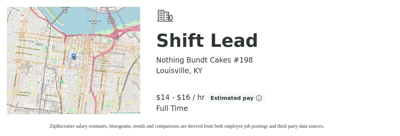 Nothing Bundt Cakes #198 job posting for a Shift Lead in Louisville, KY with a salary of $15 to $17 Hourly with a map of Louisville location.