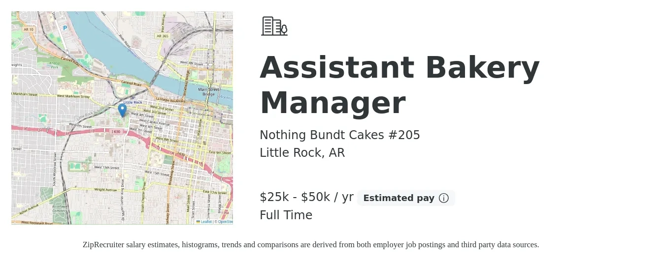 Nothing Bundt Cakes #205 job posting for a Assistant Bakery Manager in Little Rock, AR with a salary of $25,000 to $50,000 Yearly with a map of Little Rock location.