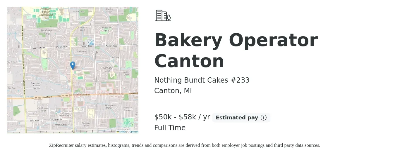 Nothing Bundt Cakes #233 job posting for a Bakery Operator Canton in Canton, MI with a salary of $50,000 to $58,000 Yearly with a map of Canton location.