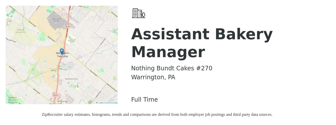Nothing Bundt Cakes #270 job posting for a Assistant Bakery Manager in Warrington, PA with a salary of $18 to $24 Hourly with a map of Warrington location.