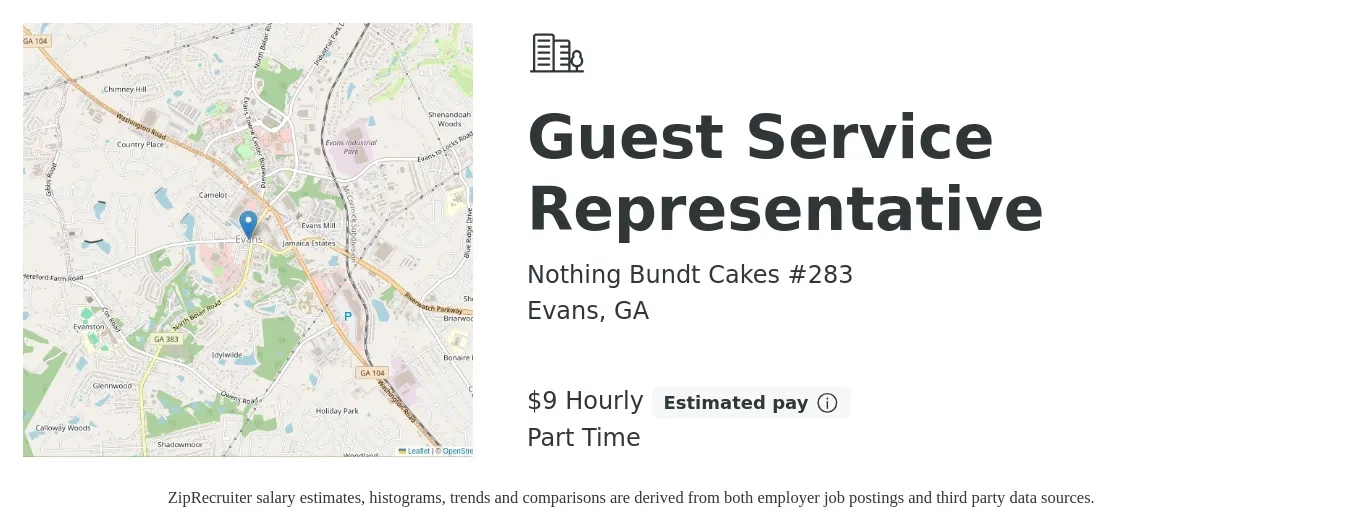 Nothing Bundt Cakes #283 job posting for a Guest Service Representative in Evans, GA with a salary of $10 to $10 Hourly with a map of Evans location.