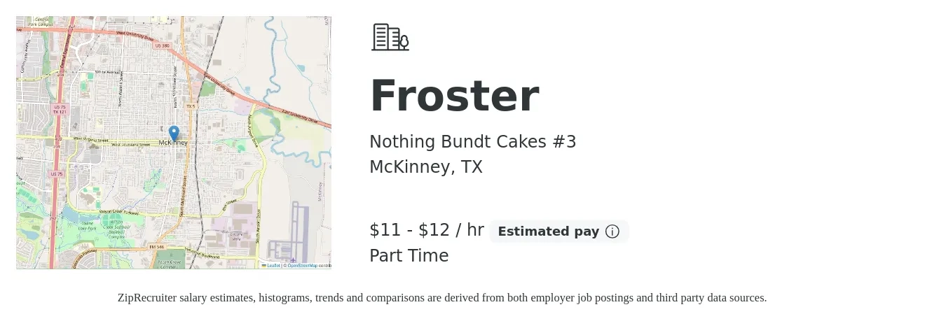 Nothing Bundt Cakes #3 job posting for a Froster in McKinney, TX with a salary of $12 to $13 Hourly with a map of McKinney location.