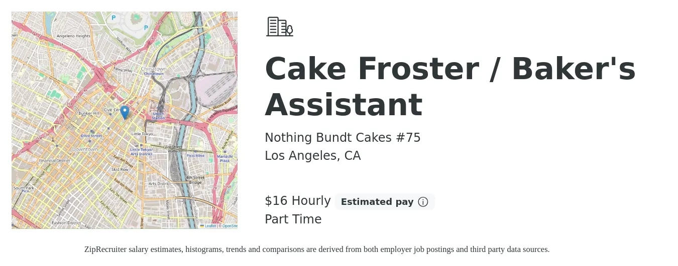 Nothing Bundt Cakes #75 job posting for a Cake Froster / Baker's Assistant in Los Angeles, CA with a salary of $17 Hourly with a map of Los Angeles location.