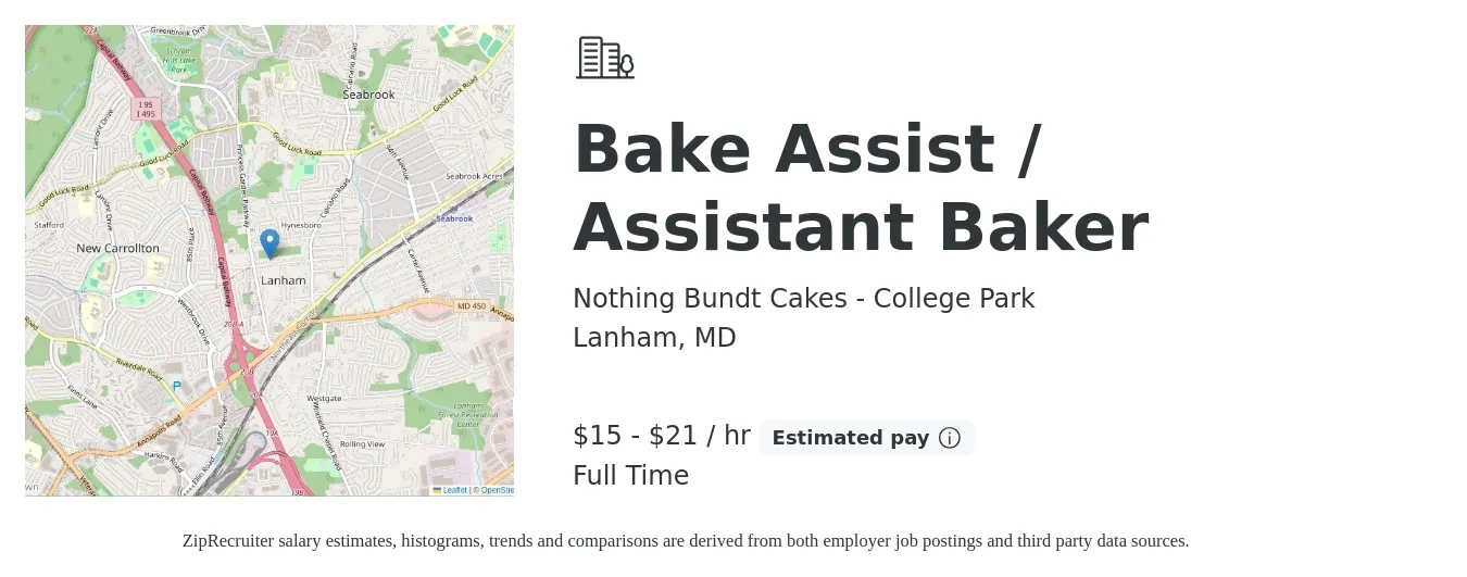Nothing Bundt Cakes - College Park job posting for a Bake Assist / Assistant Baker in Lanham, MD with a salary of $16 to $22 Hourly with a map of Lanham location.