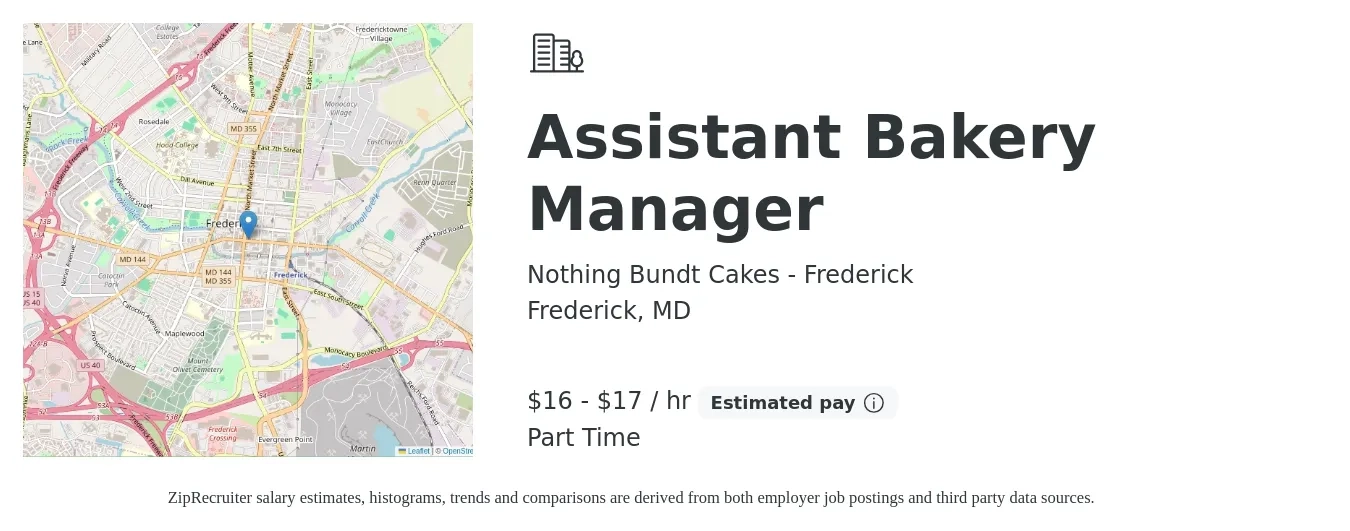 Nothing Bundt Cakes - Frederick job posting for a Assistant Bakery Manager in Frederick, MD with a salary of $17 to $18 Hourly with a map of Frederick location.