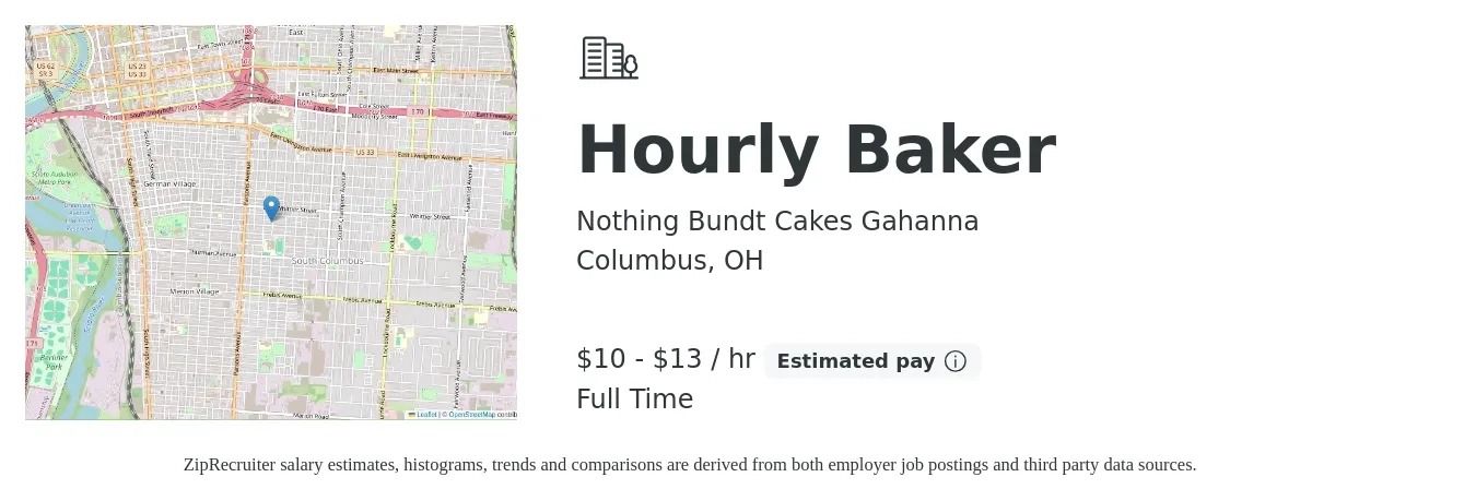 Nothing Bundt Cakes Gahanna job posting for a Hourly Baker in Columbus, OH with a salary of $11 to $14 Hourly with a map of Columbus location.