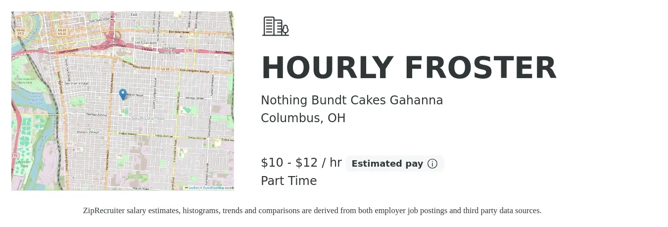 Nothing Bundt Cakes Gahanna job posting for a HOURLY FROSTER in Columbus, OH with a salary of $11 to $13 Hourly with a map of Columbus location.