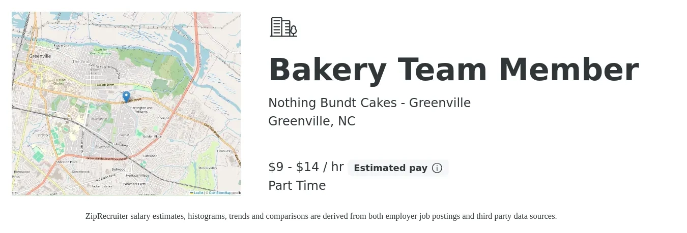Nothing Bundt Cakes - Greenville job posting for a Bakery Team Member in Greenville, NC with a salary of $10 to $15 Hourly with a map of Greenville location.