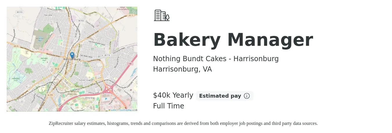 Nothing Bundt Cakes - Harrisonburg job posting for a Bakery Manager in Harrisonburg, VA with a salary of $40,000 Yearly with a map of Harrisonburg location.