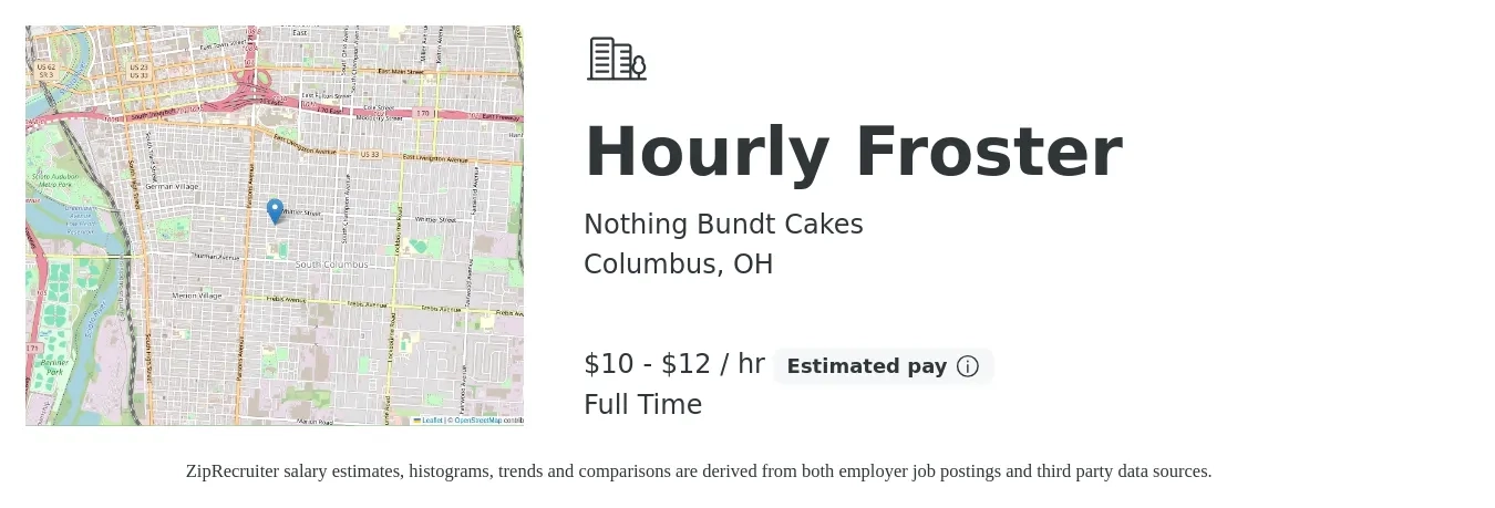 Nothing Bundt Cakes job posting for a Hourly Froster in Columbus, OH with a salary of $11 to $13 Hourly with a map of Columbus location.