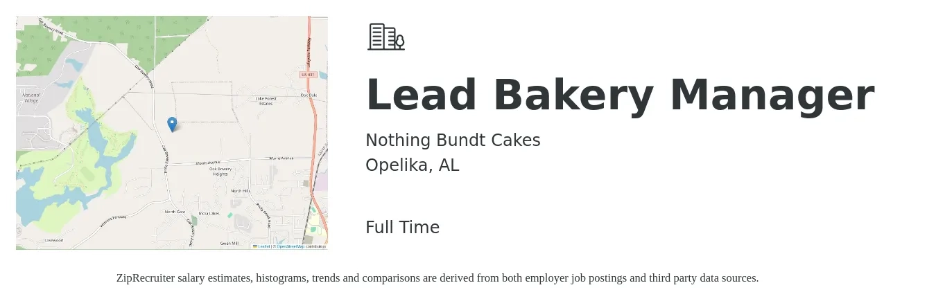 Nothing Bundt Cakes job posting for a Lead Bakery Manager in Opelika, AL with a salary of $14 to $18 Hourly with a map of Opelika location.