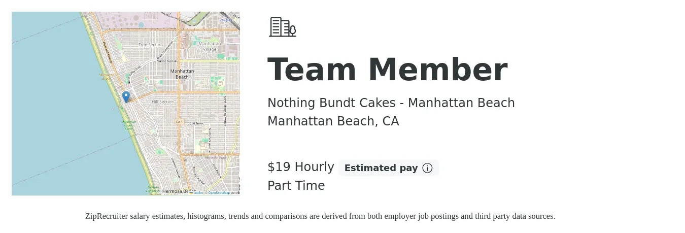 Nothing Bundt Cakes - Manhattan Beach job posting for a Team Member in Manhattan Beach, CA with a salary of $20 Hourly with a map of Manhattan Beach location.
