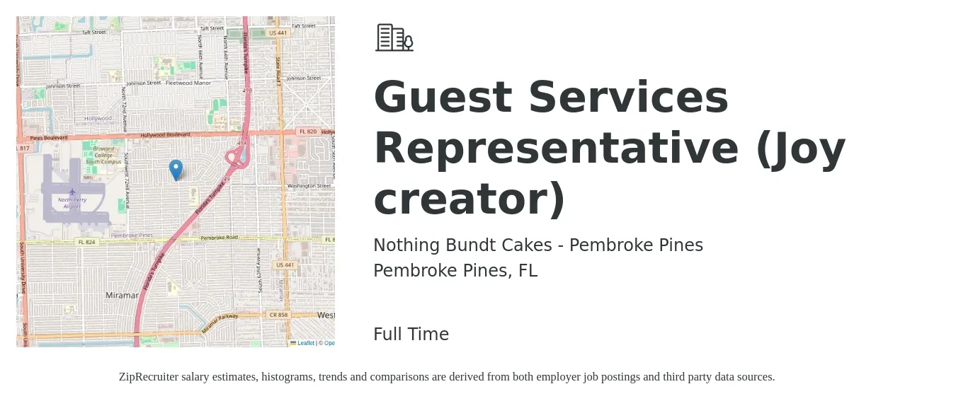 Nothing Bundt Cakes - Pembroke Pines job posting for a Guest Services Representative (Joy creator) in Pembroke Pines, FL with a salary of $12 to $15 Hourly with a map of Pembroke Pines location.