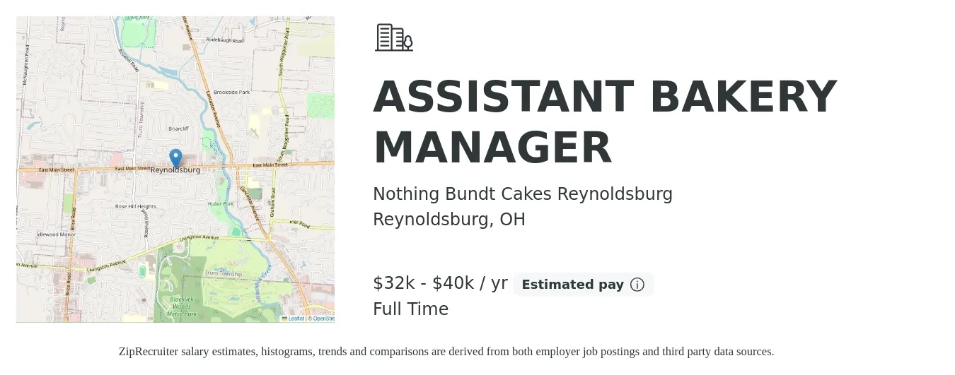 Nothing Bundt Cakes Reynoldsburg job posting for a ASSISTANT BAKERY MANAGER in Reynoldsburg, OH with a salary of $32,000 to $40,000 Yearly with a map of Reynoldsburg location.