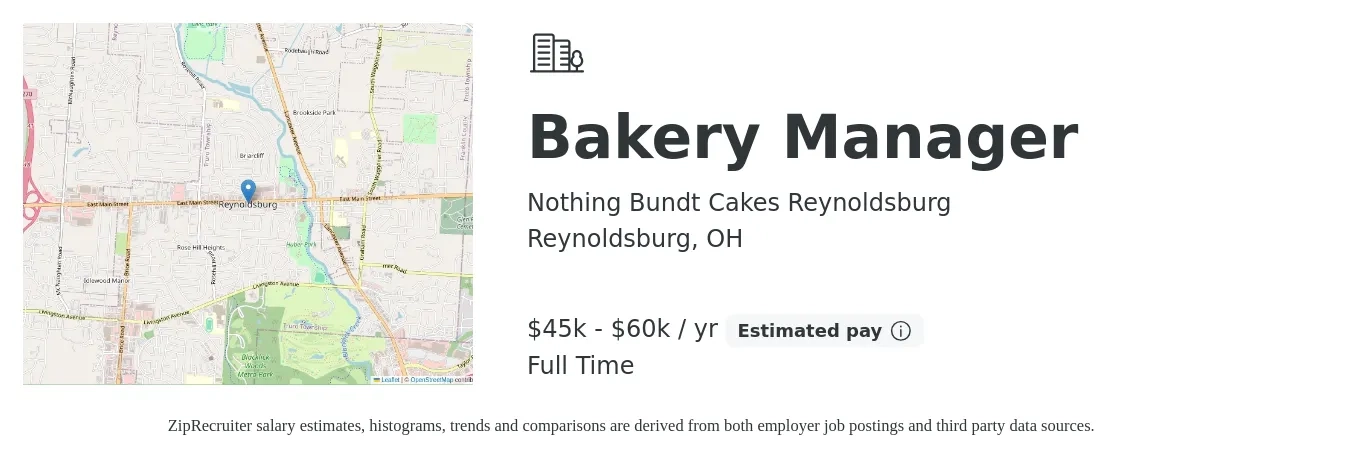 Nothing Bundt Cakes Reynoldsburg job posting for a Bakery Manager in Reynoldsburg, OH with a salary of $45,000 to $60,000 Yearly with a map of Reynoldsburg location.