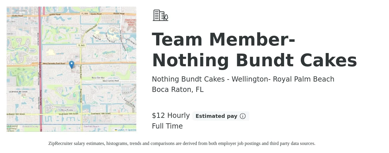 Nothing Bundt Cakes - Wellington- Royal Palm Beach job posting for a Team Member- Nothing Bundt Cakes in Boca Raton, FL with a salary of $13 Hourly with a map of Boca Raton location.