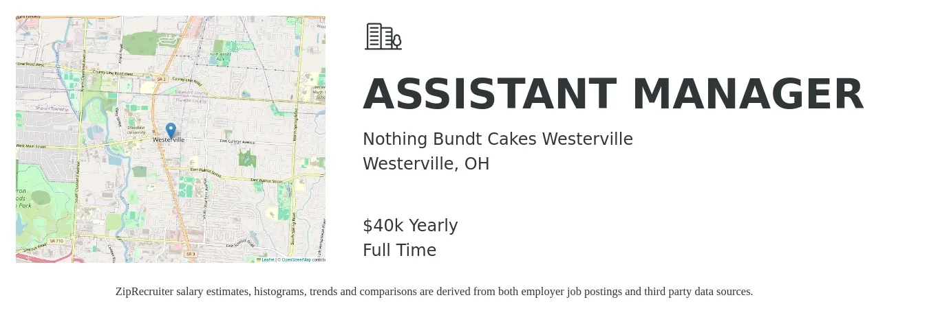 Nothing Bundt Cakes Westerville job posting for a ASSISTANT MANAGER in Westerville, OH with a salary of $40,000 Yearly with a map of Westerville location.