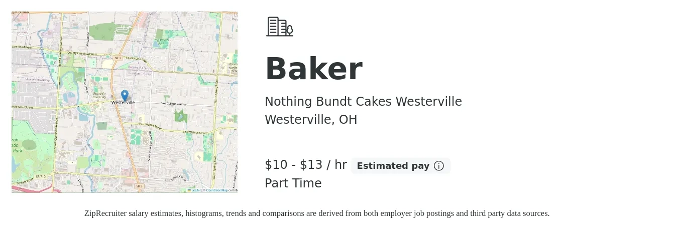 Nothing Bundt Cakes Westerville job posting for a Baker in Westerville, OH with a salary of $11 to $14 Hourly with a map of Westerville location.