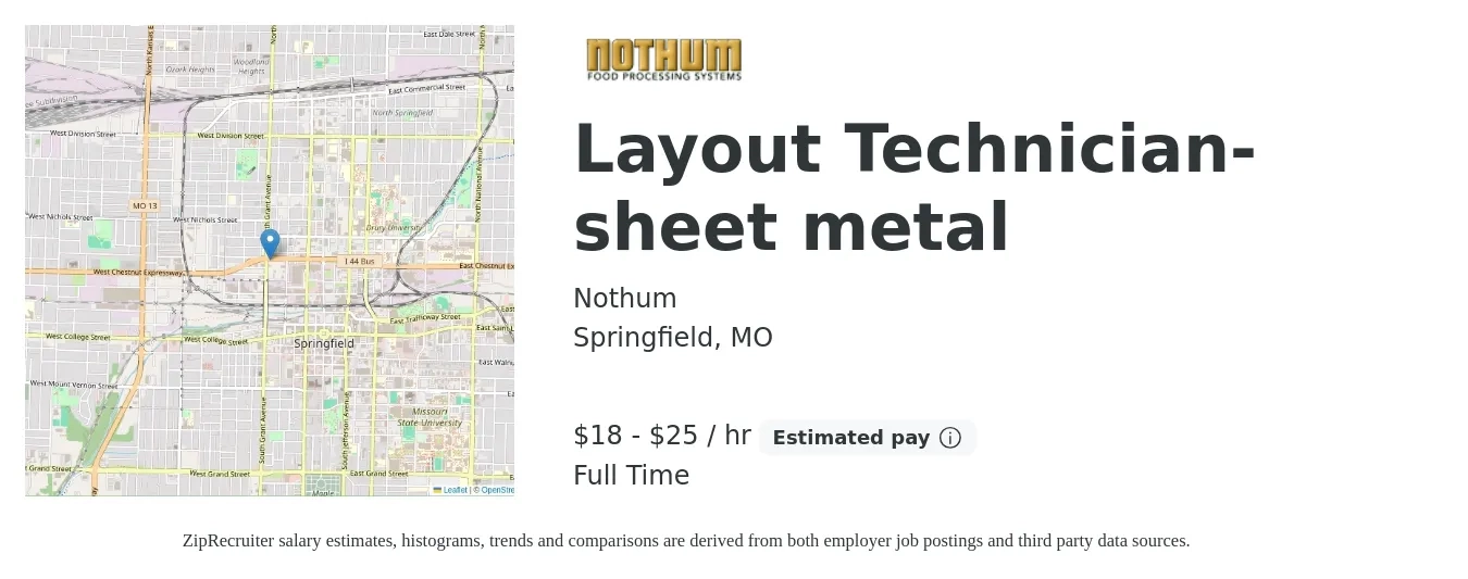 Nothum job posting for a Layout Technician-sheet metal in Springfield, MO with a salary of $19 to $26 Hourly with a map of Springfield location.