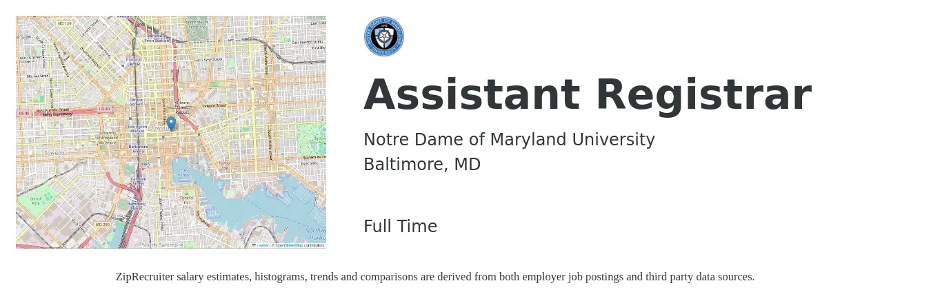 Notre Dame of Maryland University job posting for a Assistant Registrar in Baltimore, MD with a salary of $19 to $29 Hourly with a map of Baltimore location.
