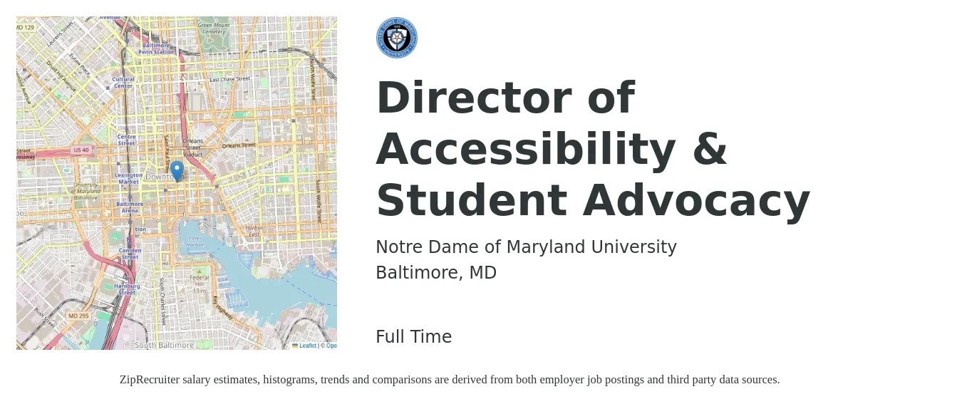 Notre Dame of Maryland University job posting for a Director of Accessibility & Student Advocacy in Baltimore, MD with a salary of $62,100 to $98,900 Yearly with a map of Baltimore location.
