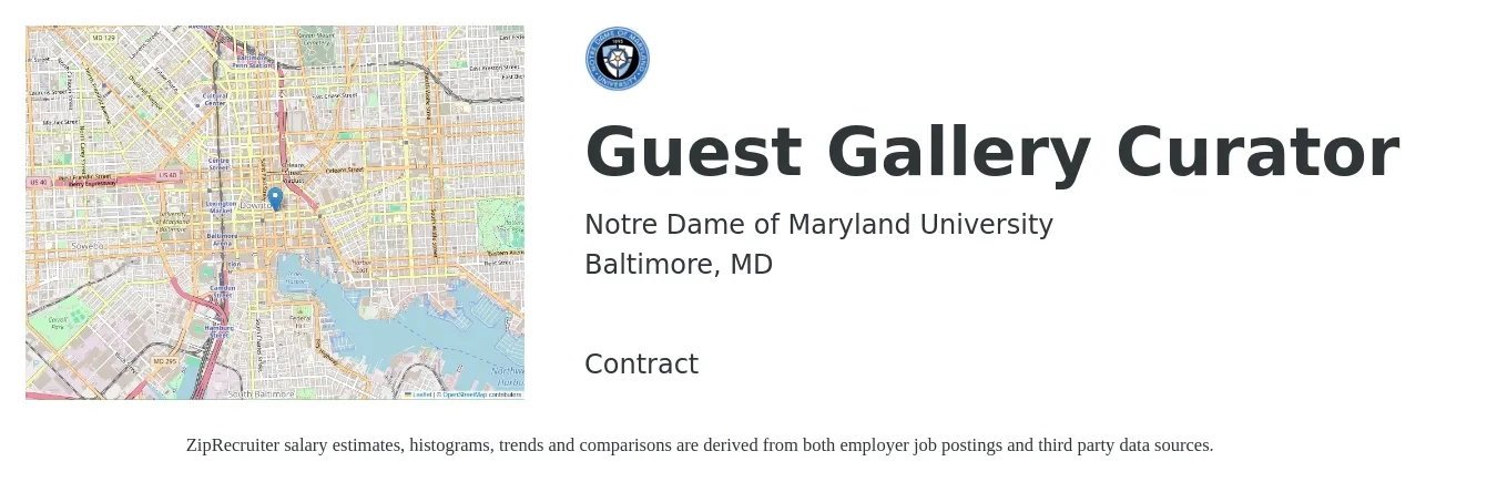 Notre Dame of Maryland University job posting for a Guest Gallery Curator in Baltimore, MD with a salary of $59,100 to $83,500 Yearly with a map of Baltimore location.
