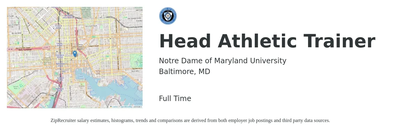 Notre Dame of Maryland University job posting for a Head Athletic Trainer in Baltimore, MD with a salary of $22 to $30 Hourly with a map of Baltimore location.