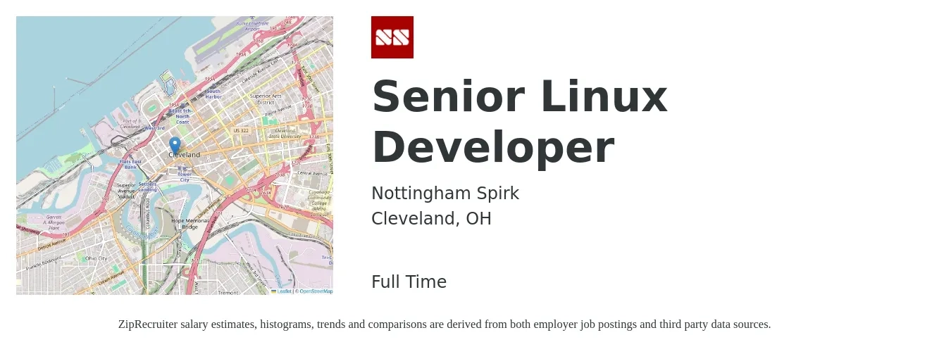 Nottingham Spirk job posting for a Senior Linux Developer in Cleveland, OH with a salary of $53 to $70 Hourly with a map of Cleveland location.