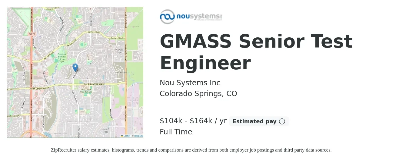 Nou Systems Inc job posting for a GMASS Senior Test Engineer in Colorado Springs, CO with a salary of $104,000 to $164,000 Yearly with a map of Colorado Springs location.