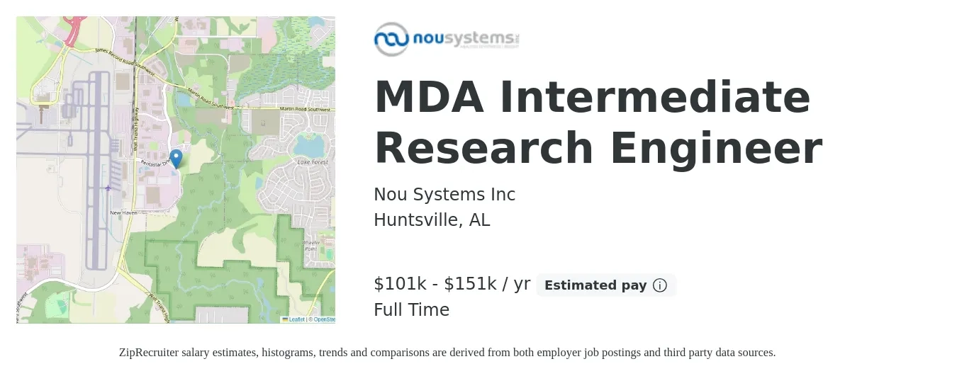 Nou Systems Inc job posting for a MDA Intermediate Research Engineer in Huntsville, AL with a salary of $101,000 to $151,500 Yearly with a map of Huntsville location.