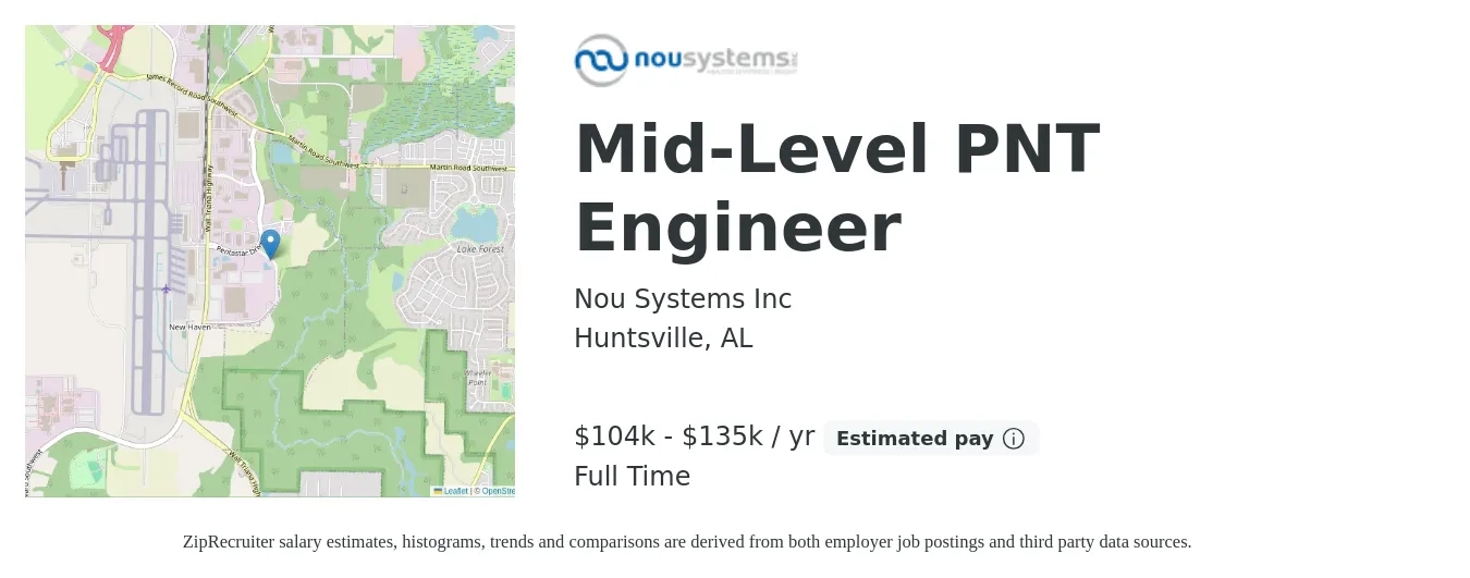 Nou Systems Inc job posting for a Mid-Level PNT Engineer in Huntsville, AL with a salary of $104,000 to $135,000 Yearly with a map of Huntsville location.