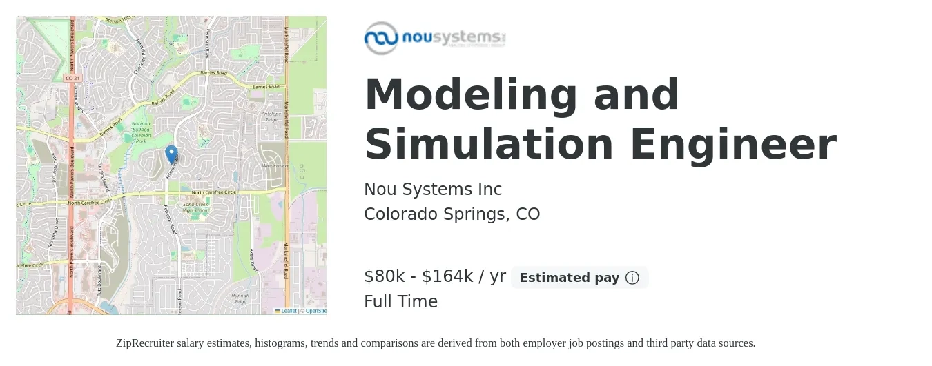 Nou Systems Inc job posting for a Modeling and Simulation Engineer in Colorado Springs, CO with a salary of $80,000 to $164,300 Yearly with a map of Colorado Springs location.