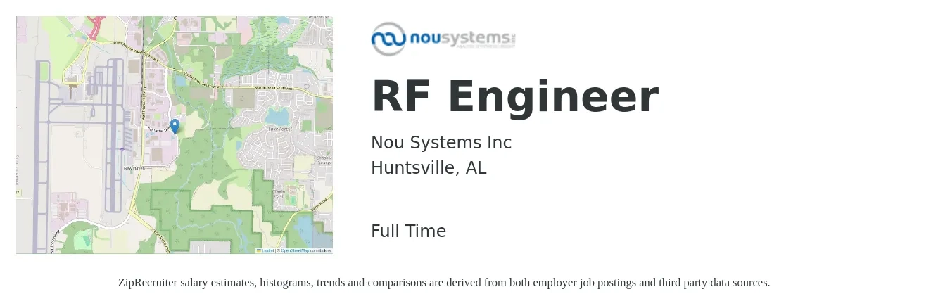 Nou Systems Inc job posting for a RF Engineer in Huntsville, AL with a salary of $90,800 to $129,500 Yearly with a map of Huntsville location.