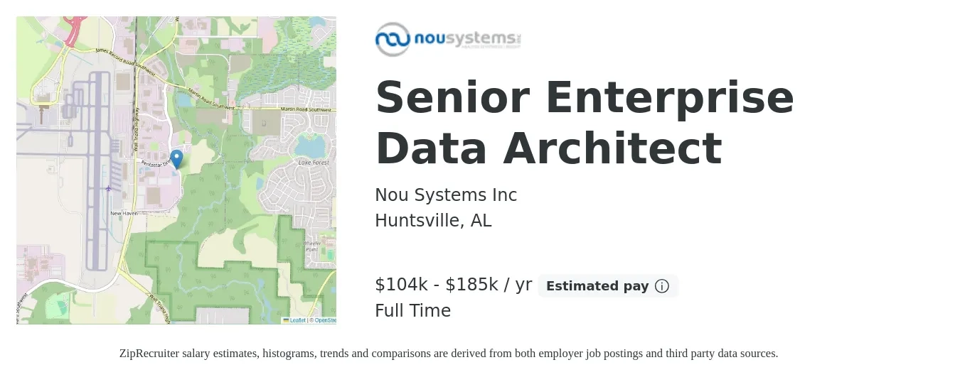 Nou Systems Inc job posting for a Senior Enterprise Data Architect in Huntsville, AL with a salary of $104,000 to $185,000 Yearly with a map of Huntsville location.